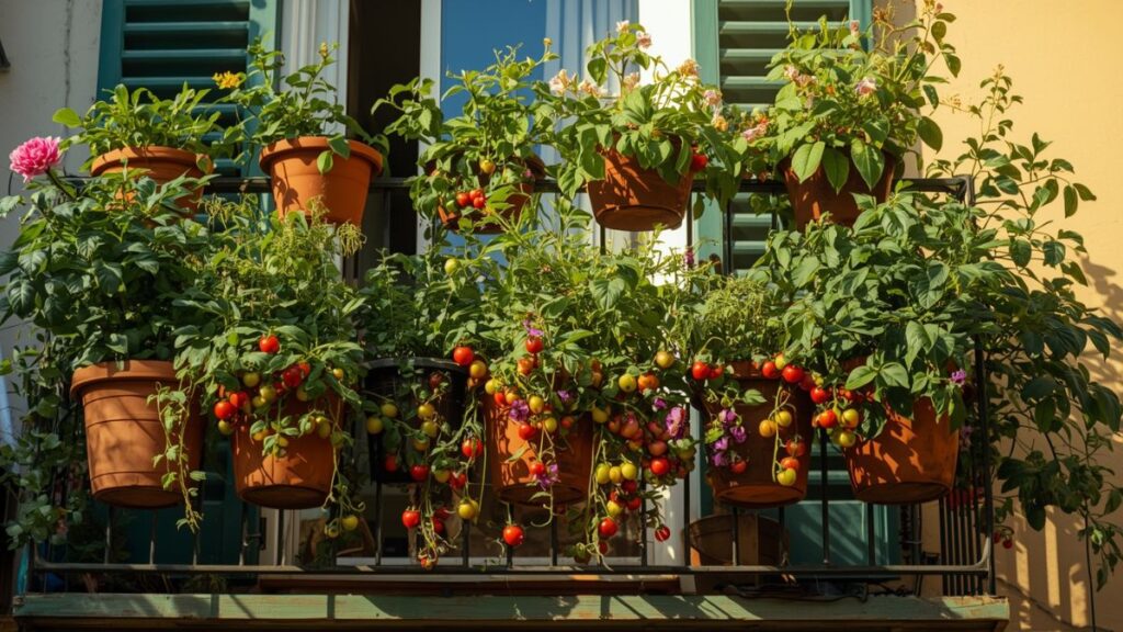 A thriving vertical garden on a small urban balcony, showcasing how to grow more in less space