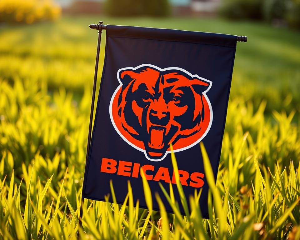 A Chicago Bears garden flag in the foreground, featuring the iconic team logo and colors against a vibrant green grass background. The flag is displayed in a natural outdoor setting, with a warm, golden-hour lighting illuminating the scene. The image has a clean, high-quality composition, with the flag occupying a prominent position in the frame. The grass and surrounding landscape create a sense of depth and a welcoming, inviting atmosphere, perfectly capturing the pride and team spirit associated with the Chicago Bears.