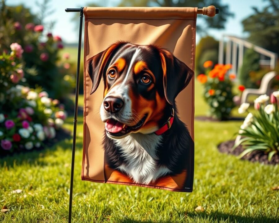 A beautifully crafted custom dog garden flag, its canvas surface adorned with a vibrant, photorealistic portrait of a beloved canine companion. The flag is gently billowing in a warm, inviting breeze, casting playful shadows across a lush, manicured lawn. The lighting is soft and natural, accentuating the rich colors and intricate details of the dog's fur, eyes, and expression. In the background, a picturesque garden backdrop provides a serene, idyllic setting, with flowers and greenery framing the scene. The overall composition evokes a sense of warmth, affection, and the joy of celebrating one's furry family member in a personalized, heartfelt way.