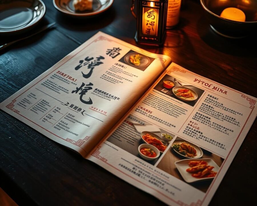 A beautifully designed Chinese restaurant menu laid out on a dark wooden table, illuminated by soft, warm lighting. The menu features intricate calligraphic brushstrokes, vibrant food photography, and detailed descriptions of the restaurant's signature dishes. The composition showcases the menu's elegant layout, with a focus on the textures and colors of the paper, the subtle shadows, and the refined presentation. The overall atmosphere evokes a sense of authentic Chinese culinary tradition and refined hospitality.