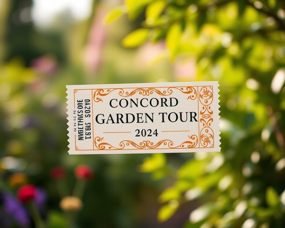 A beautifully designed ticket for the Concord Garden Tour 2024, centered in the frame against a blurred background of a lush, verdant garden. The ticket features an intricate floral pattern in warm, earthy tones, with a minimalist yet elegant layout showcasing the event name, date, and essential details. The lighting is soft and diffused, creating a sense of tranquility and inviting the viewer to imagine strolling through the stunning gardens. The overall composition conveys a mood of natural beauty, anticipation, and the opportunity to immerse oneself in the captivating landscapes of the Concord Garden Tour.