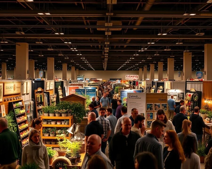 A bustling exhibit hall with an array of booths showcasing the latest in home and garden products. Warm, diffused lighting casts a cozy glow, highlighting the vibrant colors and textures of the displays. In the foreground, attendees browse the various wares, engaged in lively conversations with enthusiastic exhibitors. The middle ground features an assortment of potted plants, garden decor, and home improvement tools, while the background is filled with the sounds of music and the hum of activity. The scene conveys a sense of exploration and discovery, inviting visitors to immerse themselves in the world of the Colorado Home & Garden Show.
