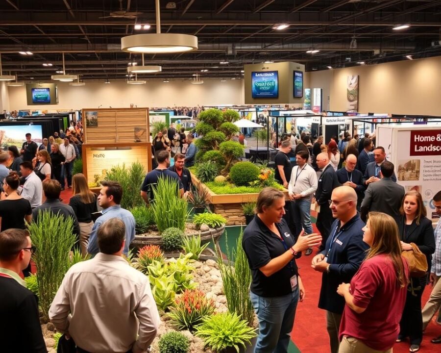 A bustling exhibition hall at the El Paso Home & Garden Show, filled with landscape designers showcasing their expertise. In the foreground, a group of designers discussing their latest garden designs, gesturing animatedly. The middle ground features various display booths adorned with lush greenery, vibrant flowers, and carefully curated landscaping elements. Warm, overhead lighting casts a soft glow, creating an inviting atmosphere. In the background, crowds of attendees meander through the aisles, observing and interacting with the designers. The scene conveys a sense of vibrant energy, where local and national experts share their passion for creating stunning outdoor spaces.