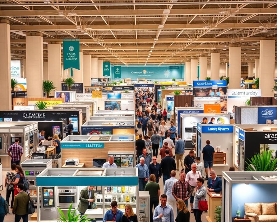 A bustling home and garden expo with vendors showcasing their wares in a well-lit, spacious exhibition hall. In the foreground, a diverse array of booths brimming with home improvement products, from sleek kitchen appliances to luxurious outdoor furniture. The middle ground features energetic crowds of attendees exploring the latest design trends and innovations, while the background is filled with the warm, inviting atmosphere of the event, complete with high ceilings, decorative plants, and the occasional glimpse of the event's signage. The overall scene conveys a sense of excitement and possibilities for home and garden enthusiasts.