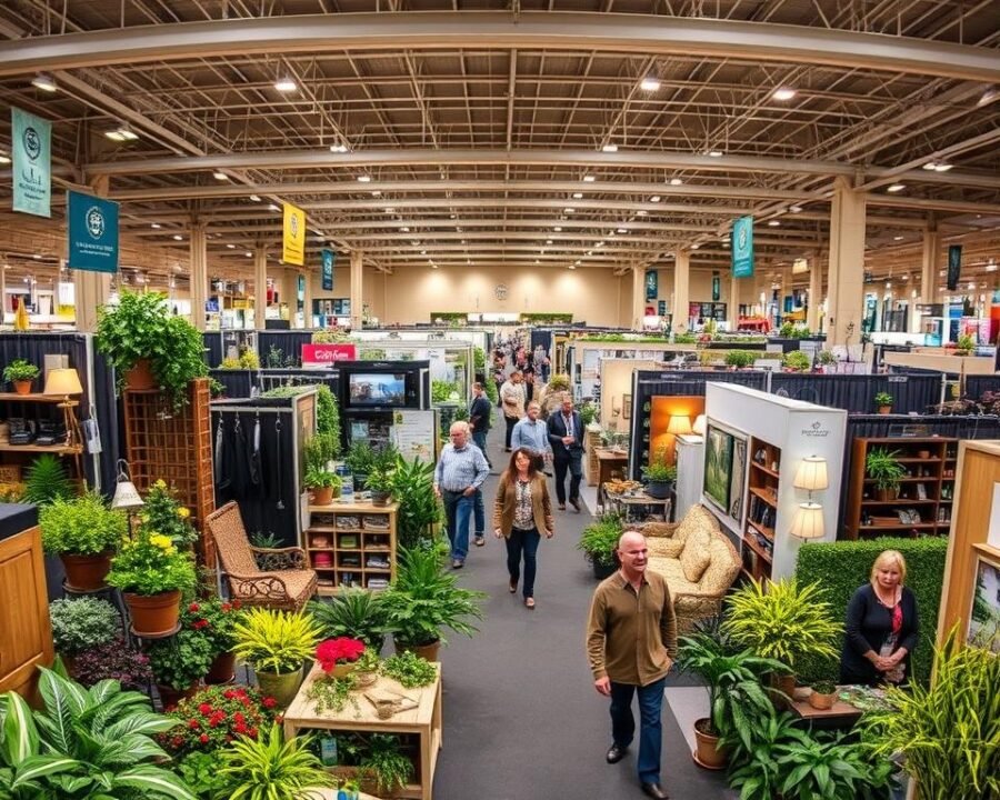 A bustling indoor exhibition showcasing a diverse array of home and garden products and services. In the foreground, an array of lush plants, garden tools, and outdoor furniture adorn the booths, inviting visitors to explore. In the middle ground, attendees leisurely browse the aisles, examining the latest home decor and landscaping ideas. The background reveals a bright, spacious venue with high ceilings, warm lighting, and a sense of energy and excitement. The overall atmosphere conveys a welcoming and inspiring environment for homeowners seeking to enhance their living spaces and outdoor areas. A wide-angle lens captures the scale and scope of the Eau Claire Home & Garden Show, highlighting its vibrant and engaging nature.