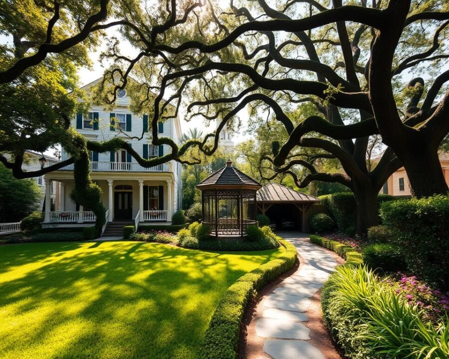 A charming Charleston home nestled amidst lush, verdant gardens. The two-story antebellum façade exudes graceful southern elegance, with intricate ironwork details and a welcoming wrap-around porch. Dappled sunlight filters through the canopy of moss-draped live oaks, casting a warm, romantic glow. In the foreground, a well-manicured lawn leads to a stone pathway winding through vibrant flower beds and neatly pruned hedges. The middle ground reveals a quaint gazebo, its delicate lattice work embraced by cascading vines. The background showcases the iconic Charleston skyline, with the steeples of historic churches and the gentle swell of the Ashley River. An idyllic scene capturing the essence of the Charleston home and garden tour.