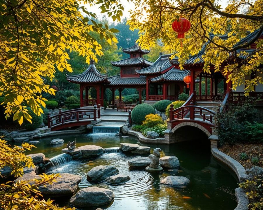 A charming Chinese garden nestled in the heart of Asheville, North Carolina. The vibrant, lush foliage frames a serene koi pond, where water cascades over intricately carved stones. Elegantly curved bridges arch over the tranquil waters, inviting exploration. Delicate pagodas and ornate pavilions dot the landscape, their roofs adorned with intricate tile patterns. Warm, golden light filters through the leaves, casting a peaceful glow over the scene. Traditional Chinese lanterns sway gently in the breeze, adding to the enchanting atmosphere. This is Chen Garden, a hidden oasis that transports visitors to a bygone era, capturing the essence of authentic Chinese culture and history.