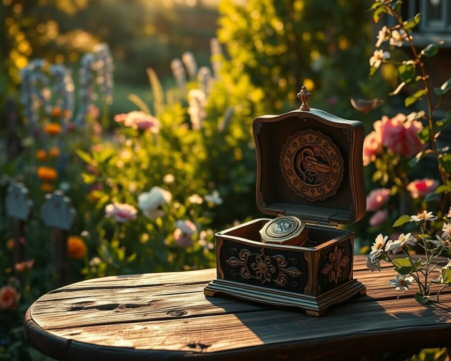 A charming cottage garden in the soft light of golden hour, filled with blooming flowers and lush greenery. A intricate, hand-crafted music box sits atop a rustic wooden table, its delicate mechanisms glistening. Sunlight filters through the surrounding foliage, casting gentle shadows and highlighting the music box's ornate details. The ambient sound of chirping birds and a faint melody from the music box create a tranquil, whimsical atmosphere. The scene evokes a sense of nostalgia and tranquility, inviting the viewer to pause and savor the soothing melodies of the cottage garden music box.