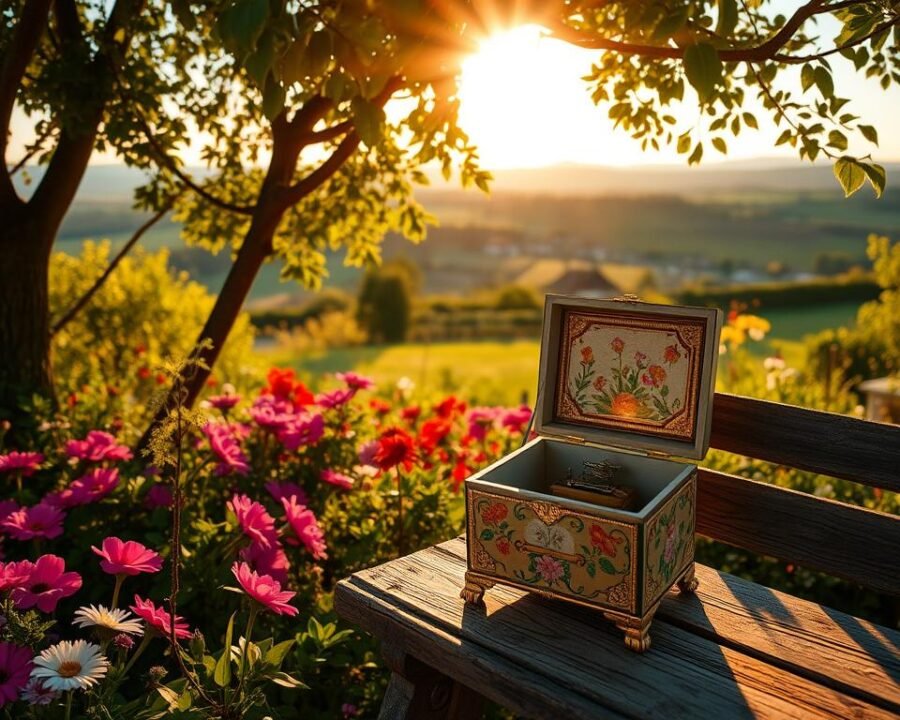 A charming cottage garden nestled in a serene landscape, its vibrant flowers and lush greenery framing a delicate music box. Warm sunlight filters through the trees, casting a soft, dreamlike glow on the intricate details of the box's brass mechanisms and delicately painted floral motifs. The music box sits atop a weathered wooden bench, its melodic tunes inviting peaceful contemplation. Surrounding the scene, a picturesque countryside with rolling hills and a distant, quaint village. This idyllic tableau captures the soothing, restorative essence of a cottage garden music box, a captivating intersection of nature's beauty and the enchanting power of music.