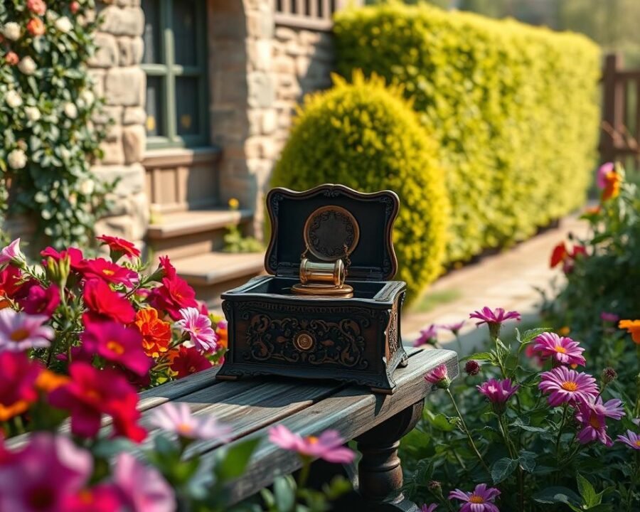 A charming cottage garden nestled in the countryside, with a beautifully crafted music box sitting atop a wooden bench. Vibrant flowers surround the scene, their petals gently swaying in the soft breeze. The music box is adorned with intricate carvings and a gleaming brass mechanism, casting a warm glow as sunlight filters through the garden. In the background, a quaint stone wall and a lush, verdant hedge frame the idyllic setting, creating a sense of tranquility and timelessness. The overall atmosphere is one of serene elegance, inviting the viewer to pause and lose themselves in the soothing melodies of the music box.