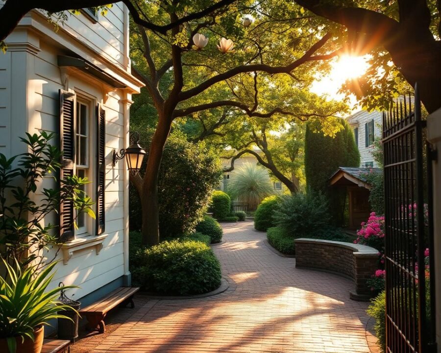 A charming historic Charleston single house with a lush, vibrant garden. The home's white wooden facade and ornate architectural details are bathed in warm, golden afternoon sunlight, casting long shadows across the brick pathway leading to the picturesque garden. Verdant magnolia trees, fragrant jasmine vines, and colorful azalea bushes create a serene, inviting atmosphere. A wrought-iron gate frames the entrance, hinting at the private oasis beyond. The scene exudes the timeless elegance and Southern hospitality Charleston is renowned for, perfectly capturing the essence of the city's premier home and garden tour.