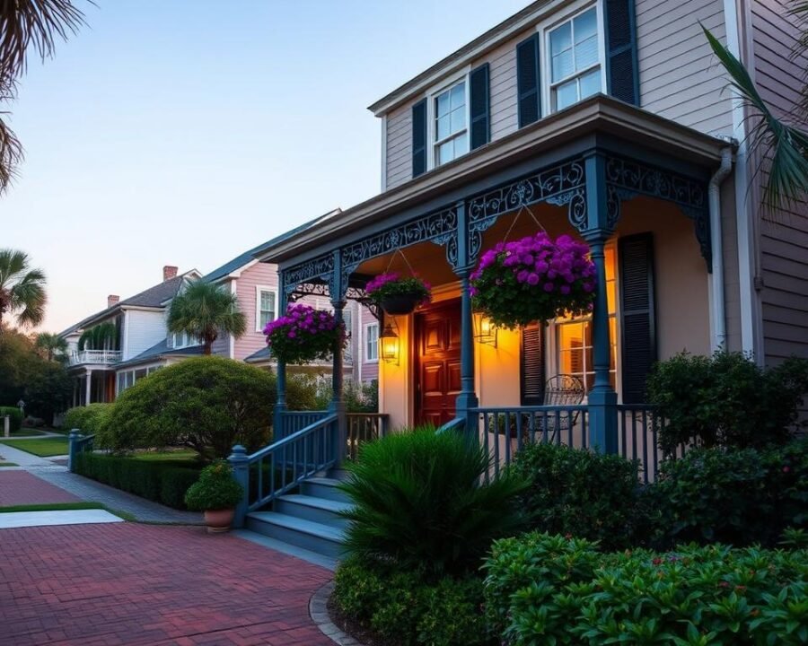 A classic Charleston single-house facade, adorned with intricate wrought-iron detailing and hanging baskets overflowing with vibrant flowers. The front porch is illuminated by soft, warm lighting, casting a cozy glow over the brick-lined path leading to the ornate wooden door. In the middle ground, a well-manicured garden showcases the lush, verdant foliage characteristic of the historic Charleston landscape. In the background, a row of similar historic homes stretch out, their stately silhouettes framed by a clear, blue sky. The scene evokes a sense of timeless elegance and Southern charm, perfectly capturing the essence of the Charleston Home & Garden Tour.
