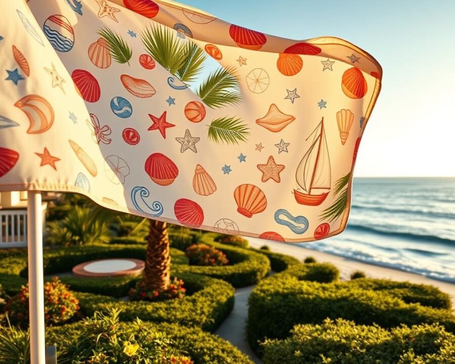 A coastal garden flag billowing in the salty sea breeze, its vibrant colors and nautical motifs capturing the essence of a sun-drenched beachfront. In the foreground, the flag's fabric dances gracefully, its intricate designs of seashells, starfish, and sailing ships reflecting the rhythmic waves crashing against the shore. The middle ground features a lush, manicured garden, with towering palm trees and fragrant coastal flora framing the flag's display. In the background, a serene ocean vista stretches out, the horizon dotted with distant sailboats and the warm glow of the setting sun casting a golden hue across the scene. Crisp, natural lighting and a wide-angle lens create a sense of depth and immersion, inviting the viewer to step into this tranquil coastal oasis. A coastal garden flag billowing in the salty sea breeze, its vibrant colors and nautical motifs capturing the essence of a sun-drenched beachfront. In the foreground, the flag's fabric dances gracefully, its intricate designs of seashells, starfish, and sailing ships reflecting the rhythmic waves crashing against the shore. The middle ground features a lush, manicured garden, with towering palm trees and fragrant coastal flora framing the flag's display. In the background, a serene ocean vista stretches out, the horizon dotted with distant sailboats and the warm glow of the setting sun casting a golden hue across the scene. Crisp, natural lighting and a wide-angle lens create a sense of depth and immersion, inviting the viewer to step into this tranquil coastal oasis.