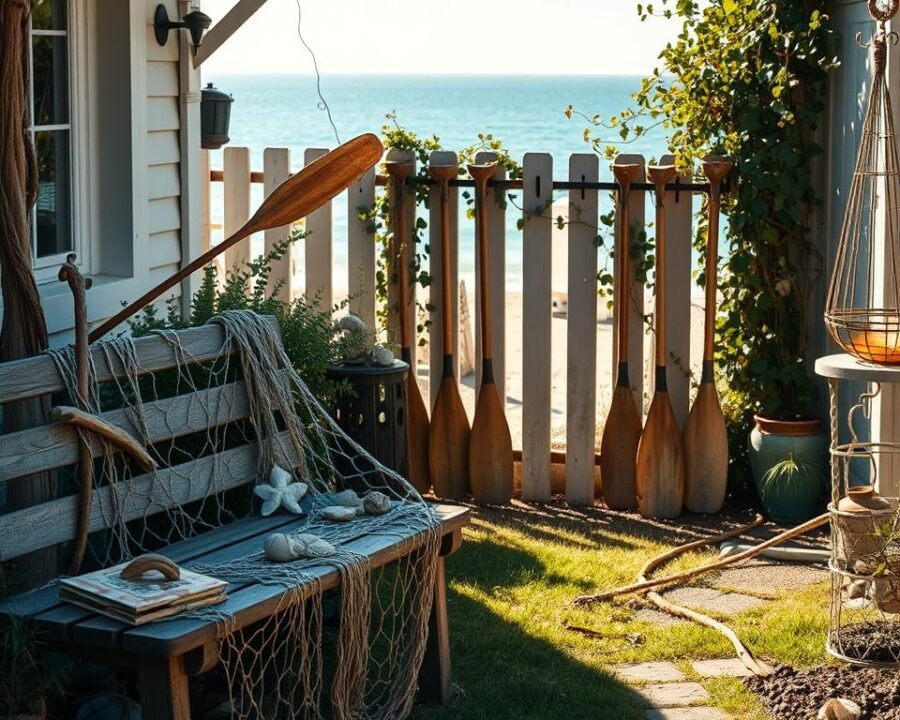 A coastal yard adorned with charming nautical decor, bathed in warm sunlight. In the foreground, a weathered wooden bench is draped with a fishing net, accented by driftwood pieces and seashells. In the middle ground, a wrought-iron oar rack displays a collection of sun-bleached oars, their surfaces worn smooth by the elements. Beyond, a picket fence is entwined with trailing vines, framing a view of the tranquil ocean in the distance. The overall atmosphere evokes a sense of seaside serenity, inviting visitors to immerse themselves in the captivating charm of a coastal garden. A coastal yard adorned with charming nautical decor, bathed in warm sunlight. In the foreground, a weathered wooden bench is draped with a fishing net, accented by driftwood pieces and seashells. In the middle ground, a wrought-iron oar rack displays a collection of sun-bleached oars, their surfaces worn smooth by the elements. Beyond, a picket fence is entwined with trailing vines, framing a view of the tranquil ocean in the distance. The overall atmosphere evokes a sense of seaside serenity, inviting visitors to immerse themselves in the captivating charm of a coastal garden.