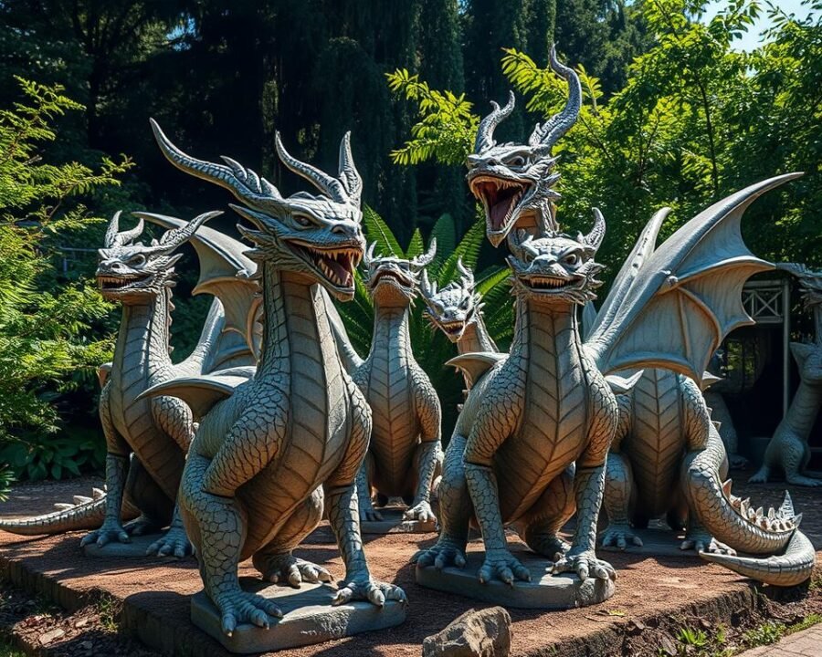 A collection of handcrafted dragon sculptures, carefully sculpted from concrete with intricate details. The dragons stand majestically, their scales textured and their expressions fierce yet elegant. Dramatic lighting casts shadows that accentuate the sculptures' dynamic poses, some with wings spread, others crouched low, all exuding a sense of power and grandeur. The sculptures are positioned amidst a lush garden setting, surrounded by verdant foliage and a serene outdoor atmosphere, creating a harmonious blend of natural and fantastical elements.
