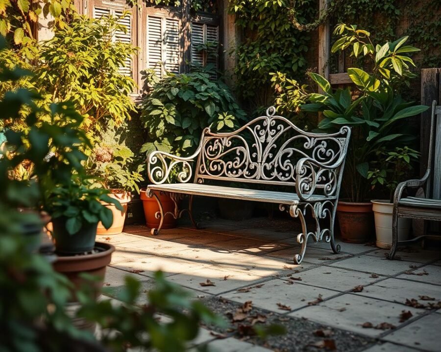 A cozy corner of a lush garden, with weathered, ex-display garden furniture taking center stage. An ornate cast-iron bench sits amidst a mix of potted plants and scattered fallen leaves, casting soft shadows under the warm glow of a late afternoon sun. The scene exudes a sense of rustic charm and invites the viewer to imagine leisurely afternoons spent lounging in this serene outdoor retreat. The furniture's distressed finish and well-worn appearance hint at a past life, adding depth and character to the composition. Masterfully captured with a shallow depth of field, the image draws the eye to the focal point, ensuring the ex-display furniture remains the star of the show.