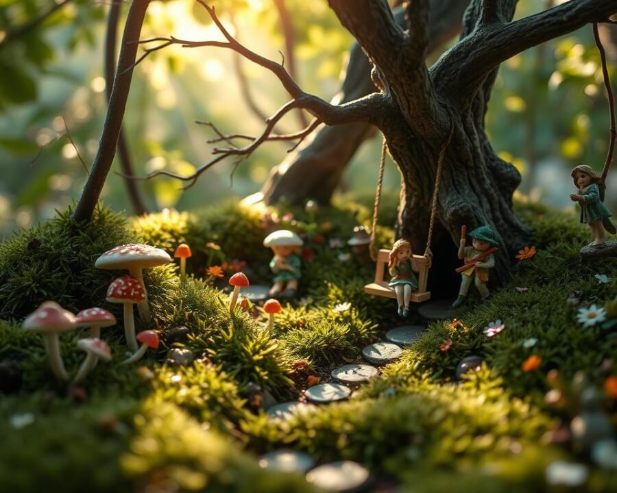 A cozy fairy garden nestled in a mossy woodland, filled with delicate miniature mushrooms, flowers, and whimsical fairy figurines. Dappled sunlight filters through the canopy, casting a warm, enchanting glow over the scene. A small winding path leads deeper into the garden, inviting exploration. Tiny details abound, from sparkling dewdrops on petals to a miniature swing suspended from a gnarled tree branch. The overall atmosphere is one of enchantment, wonder, and a sense of discovering a hidden, magical world.