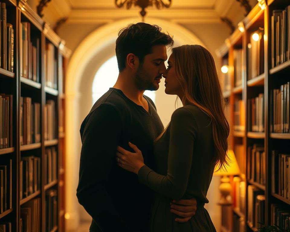 A cozy, softly lit library interior. In the foreground, two people - a man and a woman - engage in an intimate conversation, their expressions conveying the gentle unfolding of a romantic connection. The middle ground features bookshelves lining the walls, hinting at the depth and complexity of character arcs in the novels they represent. The background bathes in a warm, golden glow, creating a sense of timeless enchantment, as if the scenes of love and growth have played out countless times before. Delicate lighting casts subtle shadows, highlighting the nuances of emotion and the gradual revelations of personality. The overall atmosphere evokes the captivating journey of character development in the timeless genre of romance novels.