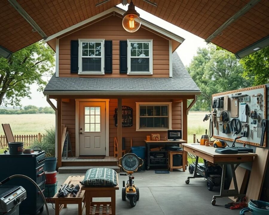 A cozy two-story home nestled in the heart of Fargo, North Dakota, its facade adorned with warm, earthy tones and a welcoming front porch. The interior is illuminated by soft, natural lighting, showcasing a well-organized and practical layout, perfect for a homeowner's latest home improvement project. Tools and materials are neatly arranged on a sturdy workbench, while a mood board on the wall provides inspiration for the upcoming renovations. In the background, the lush, green landscape of the Fargo region sets the stage, hinting at the boundless outdoor living potential that awaits beyond the home's walls.