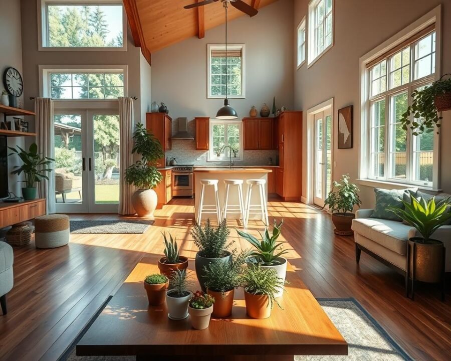A cozy, well-lit home interior with an open-concept layout featuring an inviting living room and an adjacent kitchen space. Hardwood floors, large windows allowing natural light to stream in, and a mix of modern and rustic furnishings create a warm, welcoming atmosphere. In the foreground, an array of potted plants and decorative items sit on a sleek, wooden coffee table, while in the background, a glimpse of a lush, green backyard can be seen through the windows, hinting at opportunities for further home improvement and outdoor living. The scene conveys a sense of comfort, functionality, and a harmonious blend of indoor and outdoor elements.