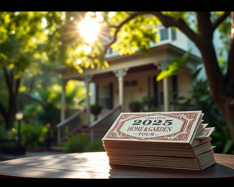 A delicately designed Charleston-style home, its charming porch and lush garden set against a backdrop of verdant foliage. Sunlight filters through the leaves, casting a warm, inviting glow. In the foreground, a stack of 2025 Charleston Home & Garden Tour tickets sits prominently, their intricate design hinting at the exclusive nature of this prestigious annual event. The tickets' elegant typography and vibrant colors draw the eye, inviting the viewer to imagine the historic homes and beautiful gardens that will be on display. The overall scene evokes the genteel ambiance of the South, setting the stage for an unforgettable volunteer experience at the 2025 tour.