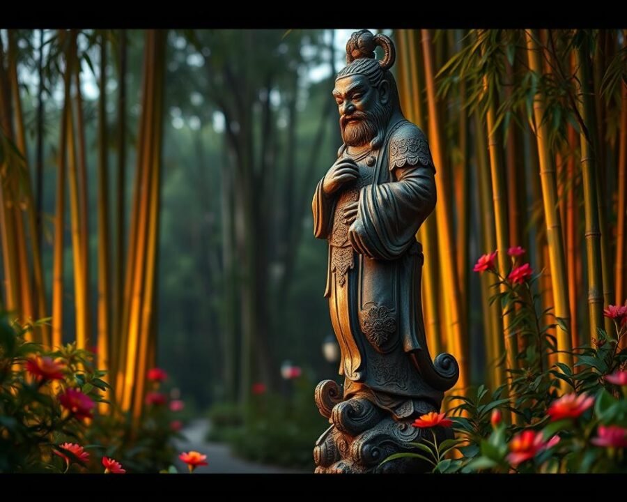 A detailed Chinese garden statue standing tall amidst a tranquil landscape. The statue features intricate carvings and elegant design, capturing the essence of traditional Chinese craftsmanship. Lush greenery surrounds the statue, with towering bamboo and vibrant flowers creating a serene, natural backdrop. Warm, soft lighting casts a gentle glow, highlighting the statue's ornate details and creating a calming, contemplative atmosphere. The scene evokes a sense of harmony and cultural heritage, perfectly suited to illustrate the unique beauty of Chinese garden accessories.