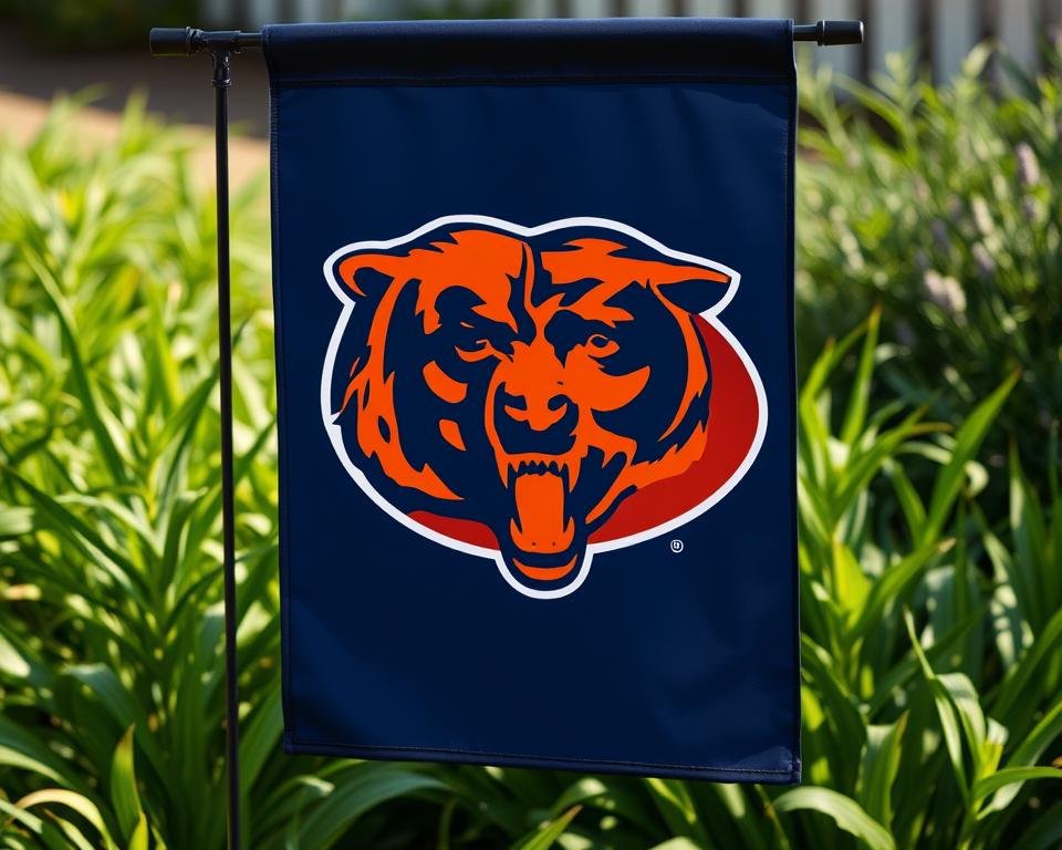 A detailed illustration of a classic Chicago Bears logo elegantly displayed on a lush, verdant garden flag. The iconic navy and orange design stands out in vivid clarity, with a crisp, high-definition quality. The flag is depicted in natural sunlight, casting subtle shadows that accentuate the depth and texture of the fabric. The overall composition evokes a sense of team pride and outdoor celebration, perfect for showcasing in a garden or patio setting.