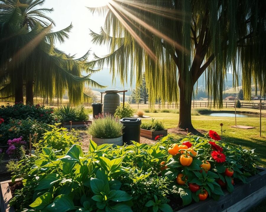 A flourishing organic garden filled with lush greenery, vibrant flowers, and thriving vegetables. In the foreground, a raised garden bed showcases a variety of leafy greens, herbs, and colorful bell peppers. Sunlight streams through a canopy of tall, swaying trees, casting a warm, natural glow. In the middle ground, a compost bin sits nestled among the plants, a testament to sustainable practices. The background features a scenic landscape with rolling hills and a distant, serene pond. The overall mood is one of harmony, abundance, and a deep connection to the natural world.
