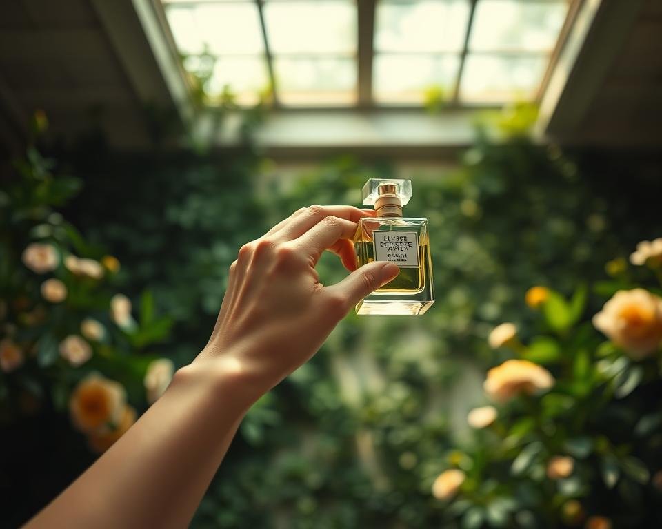 A graceful hand delicately applies the exquisite Elysee Garden Perfume to the wrist, the subtle citrus and floral notes filling the air. Soft lighting from an overhead window illuminates the serene scene, casting a warm glow on the porcelain skin. The model's pose is poised and elegant, conveying the luxurious ritual of personal fragrance application. In the background, lush greenery and blooming flowers from the Elysee Garden create a tranquil, naturalistic setting, evoking a sense of natural beauty and refinement.