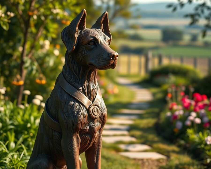 A hand-crafted, life-size dog statue stands prominently in the foreground, its intricate features sculpted with meticulous detail. The statue is positioned in a lush, verdant garden setting, the sunlight casting warm, natural shadows across its surface. In the middle ground, a path winds through the carefully tended flowers and greenery, leading the eye towards the statue. In the background, a serene, out-of-focus landscape provides a calming, pastoral backdrop. The overall atmosphere is one of whimsical elegance, inviting the viewer to imagine the process of designing and crafting such a unique, personalized work of art for their own outdoor space.