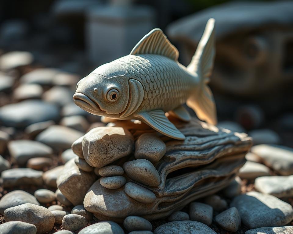 A handcrafted ceramic koi sculpture, meticulously crafted with attention to detail. The serene fish, rendered in a soft, earthy palette, rests atop a naturalistic base of smooth stones and weathered wood. Gentle lighting casts subtle shadows, accentuating the intricate textures and bringing the piece to life. The sculpture is captured from a low angle, emphasizing its graceful presence and inviting the viewer to appreciate the artistry and craftsmanship. This captivating work would be a captivating addition to any garden, seamlessly blending the beauty of nature and the skill of the artisan.