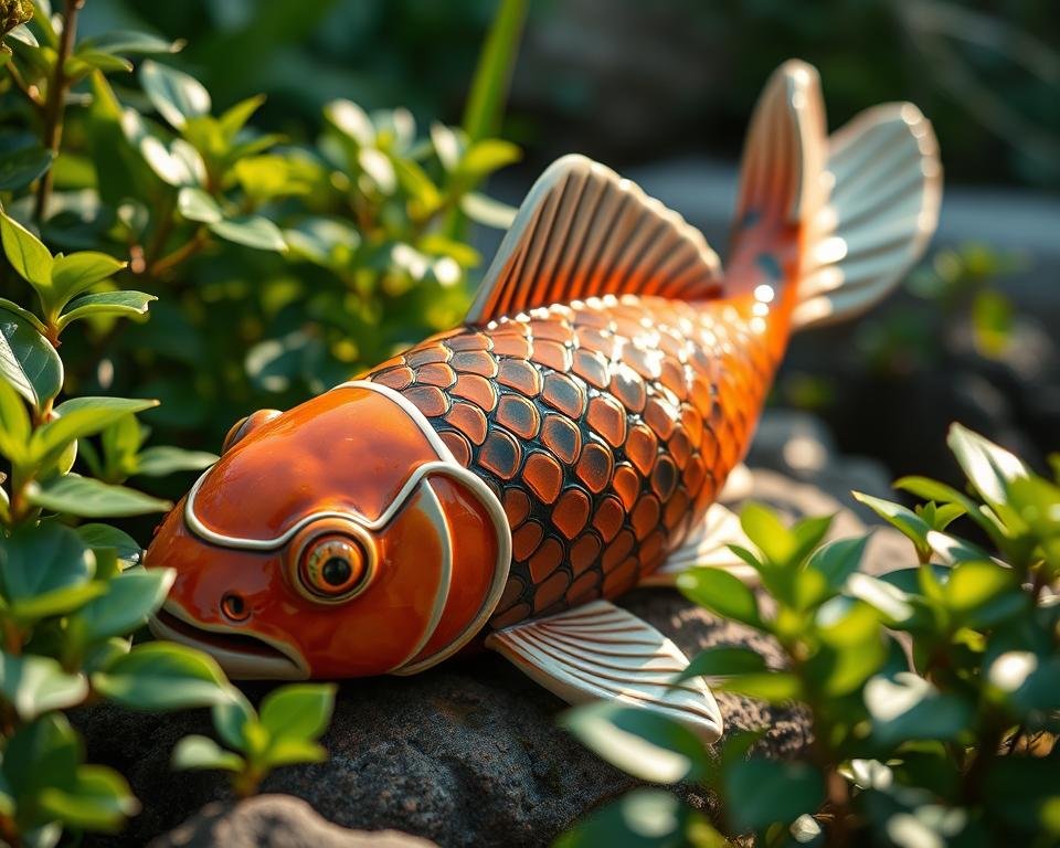 A handcrafted ceramic koi sculpture, meticulously sculpted with intricate details, rests in a serene garden setting. The koi's lifelike form is captured in high-resolution, its vibrant glazed scales shimmering under the warm, directional lighting. The sculpture is positioned amidst lush foliage, creating a harmonious balance between the natural and the artisanal. The composition emphasizes the sculptural quality of the piece, inviting the viewer to appreciate the craftsmanship and the way it seamlessly integrates into the outdoor environment. The overall atmosphere is one of tranquility and thoughtful integration, showcasing the beauty and versatility of ceramic koi as a garden adornment.