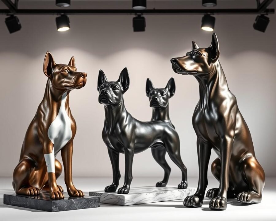 A high-quality, detailed comparison of various materials used in custom dog statues, showcased in a well-lit, studio-style setting. The foreground features expertly crafted statues made from bronze, marble, resin, and stainless steel, positioned to highlight their unique textures, colors, and finishes. The middle ground offers a clean, neutral background to allow the statues to take center stage. Subtle lighting from multiple angles casts soft shadows, accentuating the depth and three-dimensionality of the objects. The overall atmosphere conveys a sense of refined elegance and craftsmanship, suitable for an informative article on unique custom dog statues for the garden.