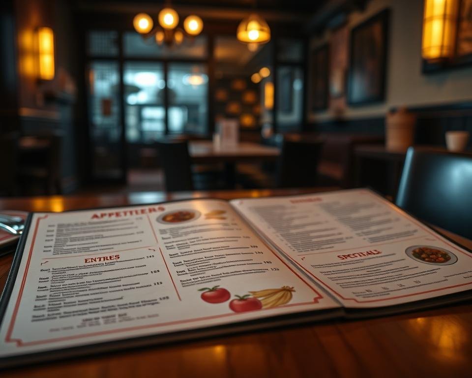 A high-quality, elegantly presented menu laid out on a wooden table in a cozy, dimly lit Chinese restaurant setting. The menu features distinct sections for appetizers, entrees, and house specialties, showcasing a range of authentic Sichuan and Cantonese dishes. Soft, warm lighting casts a gentle glow, evoking a welcoming and inviting atmosphere. The menu's design is simple yet refined, with clean typography and tasteful illustrations of key ingredients. In the background, a blurred view of the restaurant's interior, hinting at the authentic decor and ambiance that guests will experience.