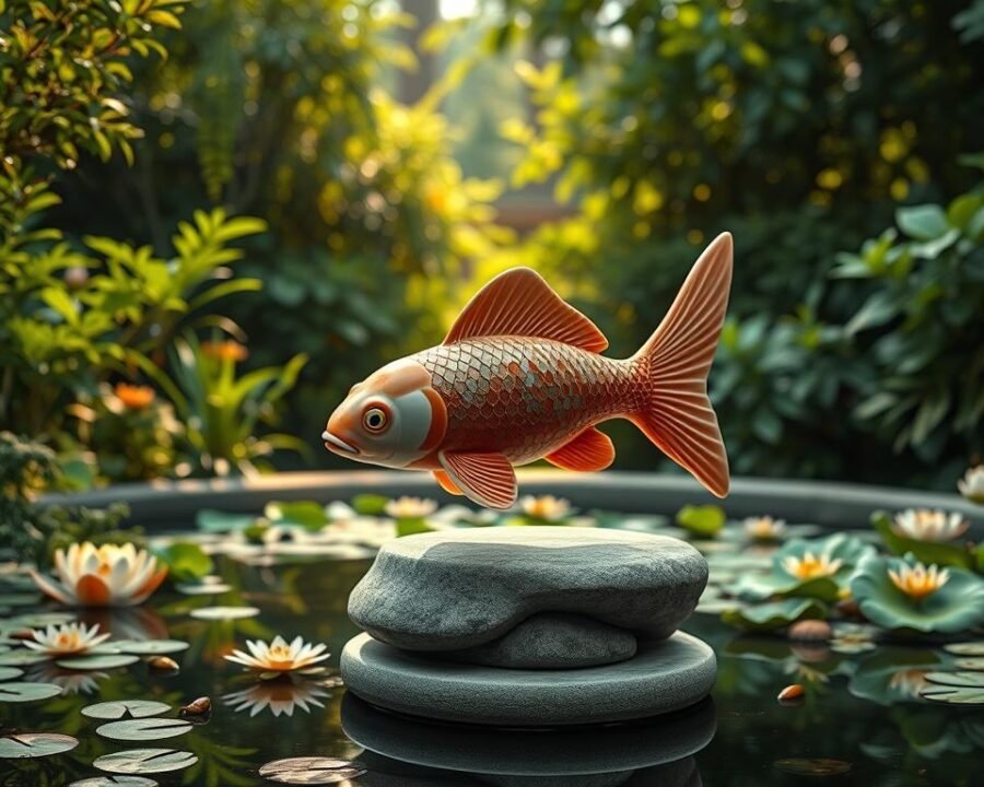 A highly detailed, photorealistic ceramic koi fish figurine standing prominently in a lush, tranquil garden. The fish's intricate scales, fins, and vibrant colors are rendered with exceptional precision, capturing the graceful movement and lifelike appearance of the creature. The figurine is positioned on a smooth, polished stone pedestal, surrounded by a serene pond filled with water lilies and aquatic plants. Soft, warm lighting from overhead casts gentle shadows, enhancing the three-dimensional form and textural details of the sculpture. The background features a harmonious blend of verdant foliage, creating a serene, naturalistic setting that perfectly complements the elegant koi design.