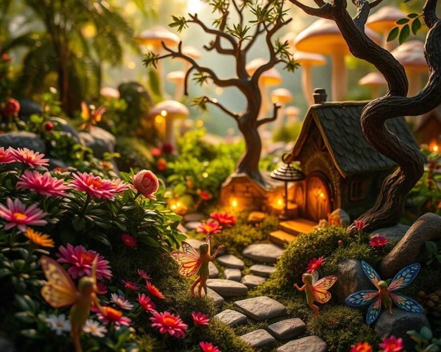 A lush fairy garden with intricate details, bathed in warm, soft lighting. In the foreground, delicate flower fairies dance among vibrant blooms, their gossamer wings shimmering. The middle ground features a miniature stone path winding through dense greenery, leading to a quaint fairy house nestled under a twisted tree. Twinkling fairy lights illuminate the scene, casting a enchanting glow. In the background, a whimsical forest landscape with towering mushrooms and glowing fireflies creates a magical atmosphere. The composition evokes a sense of wonder, inviting the viewer to step into this enchanted realm and discover the symbolic meanings hidden within.