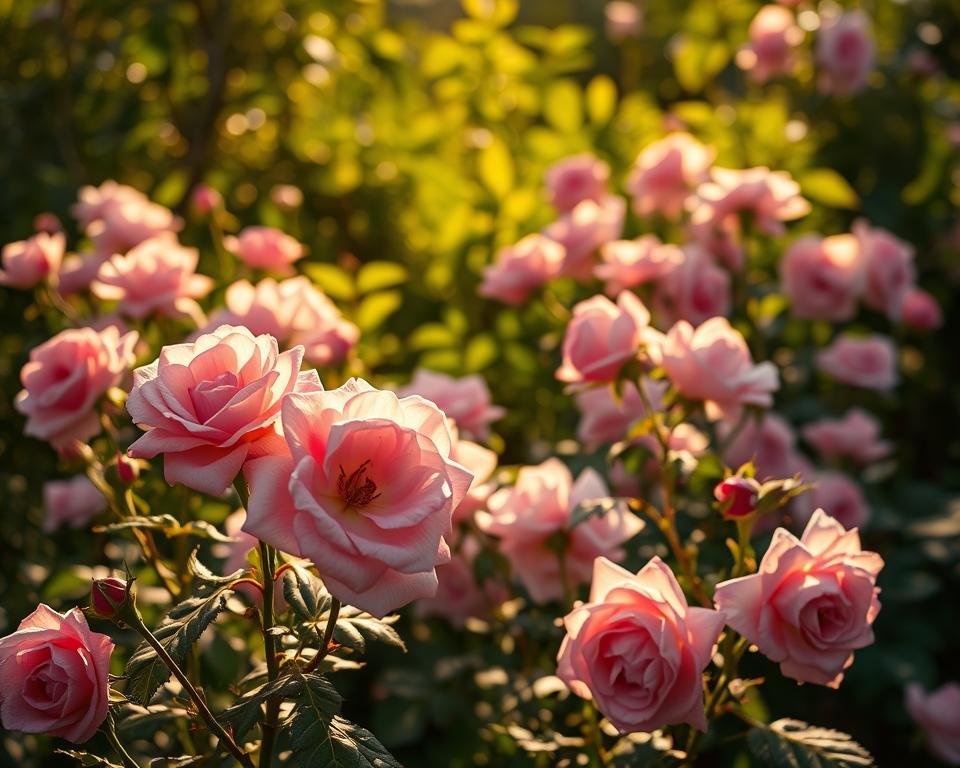 A lush garden filled with Eugenie Garden Roses bathed in warm, golden sunlight. The delicate petals glisten as soft shadows dance across the flowers. In the foreground, the blooms stand tall, their pink hues vibrant and inviting. The middle ground reveals a verdant backdrop of leafy foliage, creating a sense of depth and natural harmony. The lighting casts a serene, tranquil atmosphere, highlighting the roses' beauty and the tranquil setting. Captured with a shallow depth of field, the image focuses on the exquisite details of the roses, drawing the viewer's attention to their elegant form and captivating color.