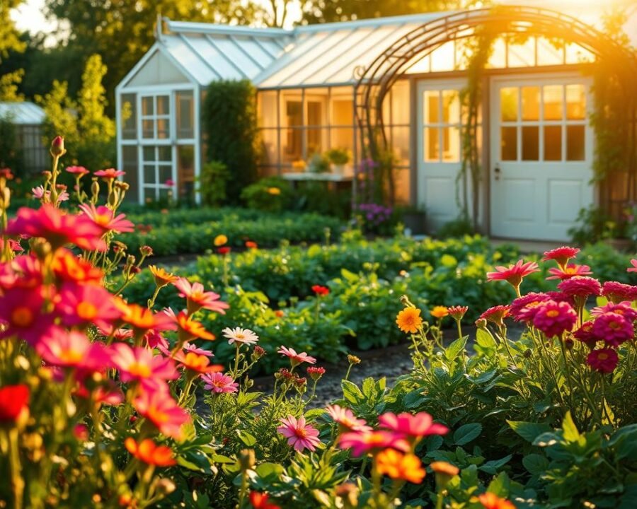 A lush garden oasis in vibrant hues, bathed in warm, golden sunlight. In the foreground, an array of seasonal flowers bloom - delicate petals of vibrant hues dance in a gentle breeze. In the middle ground, a well-tended vegetable patch bursts with fresh greens, while an intricate trellis supports climbing vines. In the background, a quaint greenhouse stands, its glass panes reflecting the natural wonder surrounding it. The overall scene exudes a sense of tranquility and abundance, inviting the viewer to explore the joys of seasonal gardening.