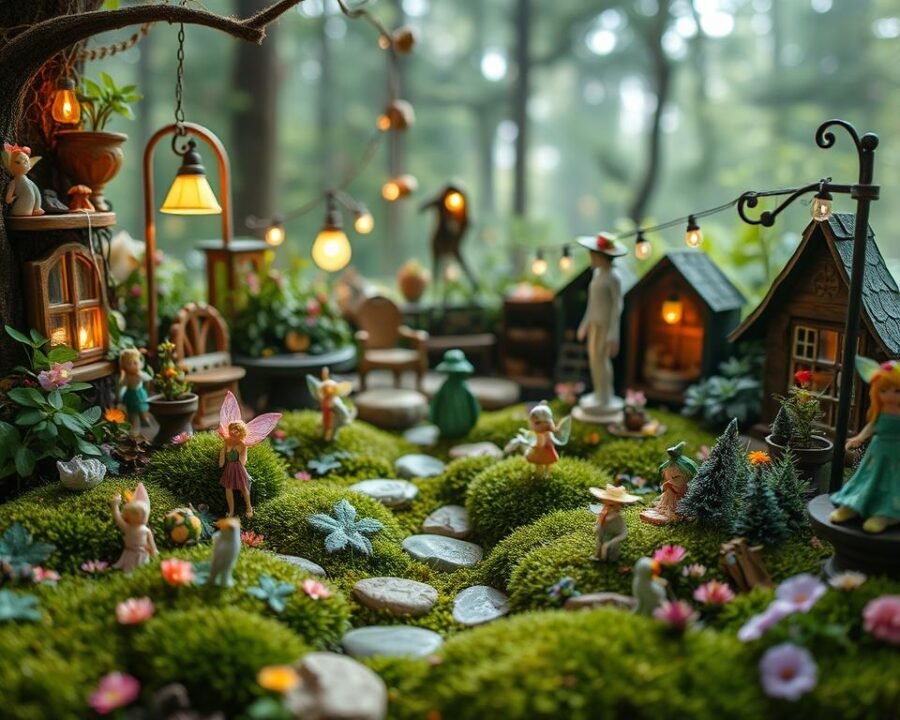 A lush, miniature fairy garden with an abundance of whimsical elements. Foreground features delicate figurines, moss-covered stones, and vibrant flowering plants arranged in a charming, organic layout. Middle ground showcases a variety of fairy-themed accessories, including furniture, lighting, and decorative items. The background presents a serene, woodland setting with soft, diffused natural lighting, creating an enchanting, ethereal atmosphere. The overall composition conveys a sense of wonder and enchantment, inviting the viewer to explore this magical, small-scale world.