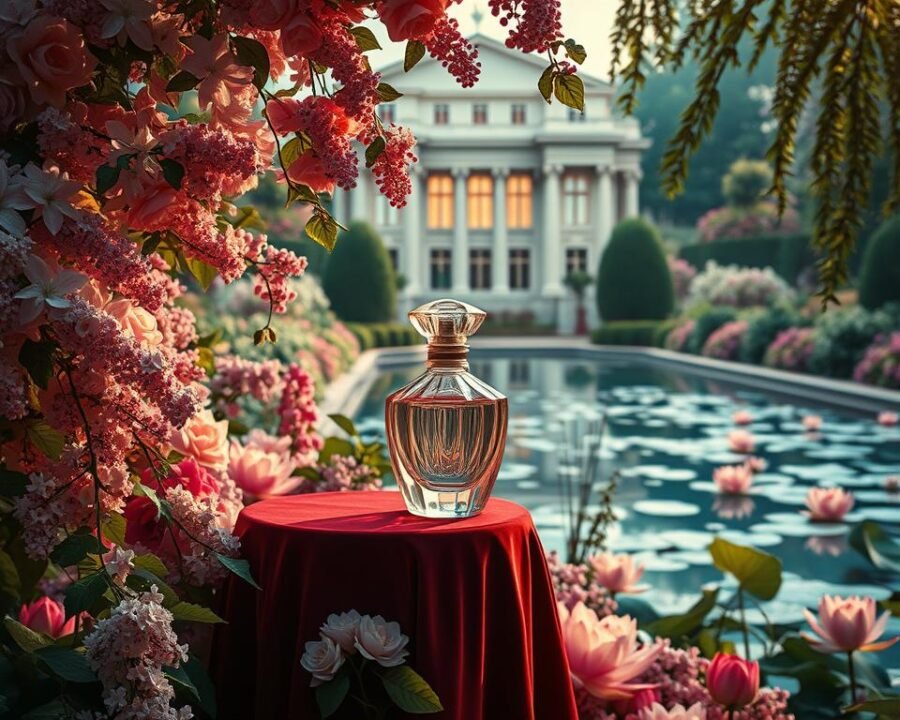 A lush, opulent garden bursting with vibrant blooms and enchanting fragrances. In the foreground, an elegant glass bottle of Elysee Garden Perfume sits atop a velvet-draped pedestal, the bottle's faceted surface catching the warm, golden light. Surrounding the bottle, cascading vines of jasmine, rose, and lilac intertwine, their delicate petals and delicate stamens creating a captivating display. In the middle ground, a serene pond reflects the garden's serene beauty, its glassy surface dotted with floating lotus flowers. In the background, a grand, classical architecture frames the scene, lending an air of timeless sophistication. The overall atmosphere is one of luxurious, sensual allure, inviting the viewer to become immersed in the captivating essence of Elysee Garden Perfume.