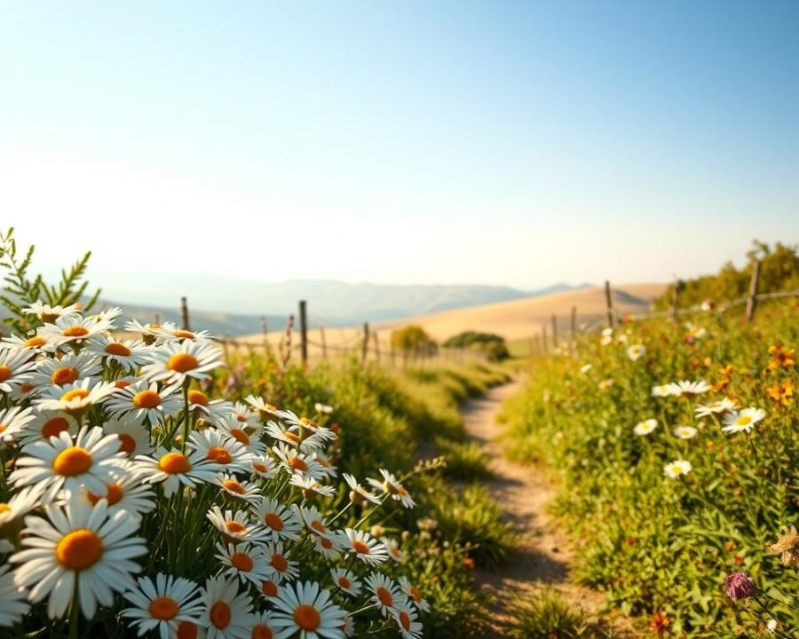 A lush, sun-dappled daisy flower garden unfolds before the viewer, inviting them on a whimsical, family-friendly journey. In the foreground, clusters of vibrant white daisies with sunny yellow centers sway gently in a light breeze, their petals catching the warm, golden light. The mid-ground reveals a winding path threading through the garden, flanked by verdant foliage and the occasional splash of complementary wildflowers. Beyond, a soft, hazy background hints at a tranquil pastoral scene, with rolling hills and a cloudless azure sky overhead. The overall atmosphere is one of serene delight, capturing the joy and wonder of exploring a delightful daisy flower garden.