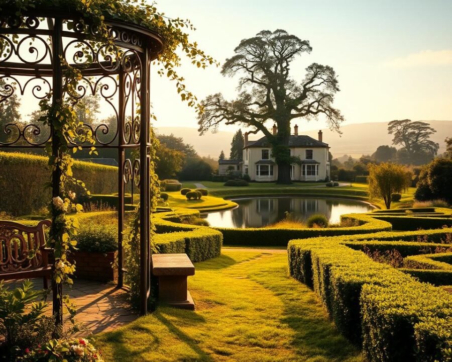 A lush, verdant 19th century English garden, its winding paths and manicured hedges bathed in the warm, golden light of a summer afternoon. In the foreground, a wrought-iron gazebo draped in fragrant blooms and trailing vines. A stone bench invites visitors to pause and admire the scene. The middle ground features a tranquil pond, its still waters reflecting the stately manor house in the distance, its elegant Georgian architecture framed by towering oak trees. The background is a hazy, dreamlike vision of rolling hills and a cloudless azure sky. The overall mood is one of timeless, pastoral charm, transporting the viewer to a bygone era of refined elegance and gentle leisure.