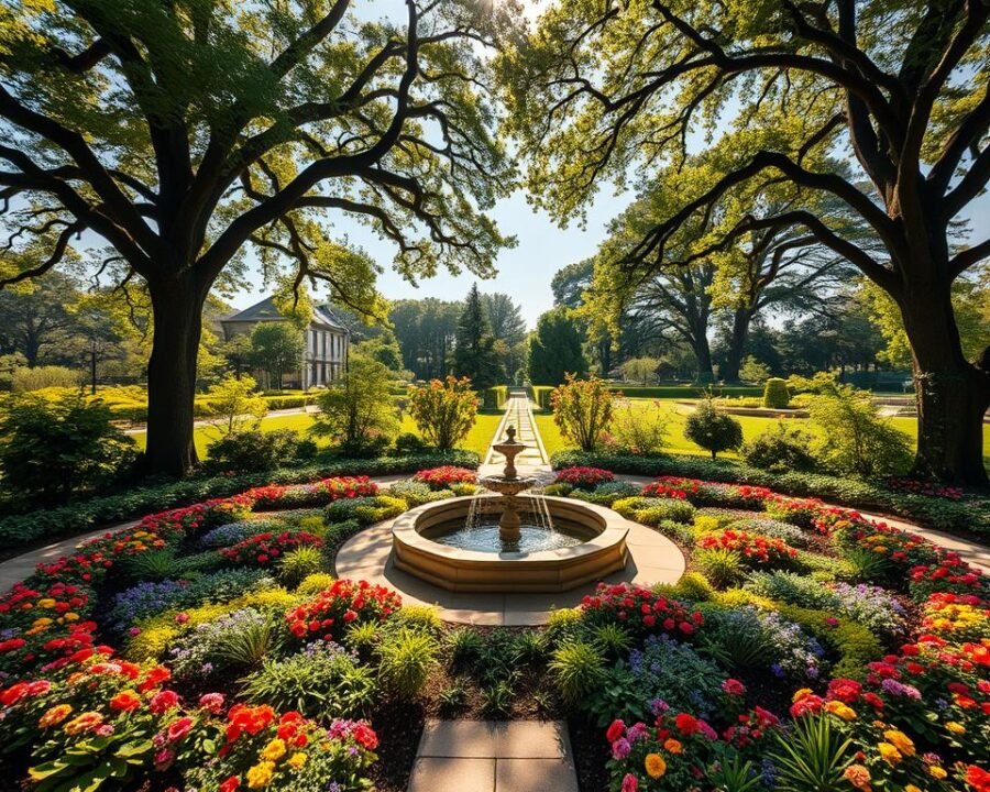 A lush, verdant Compass Rose Garden nestled in a sun-dappled landscape. Towering trees cast soft shadows across a vibrant floral tapestry, their petals unfurling in a kaleidoscope of colors. A central fountain, its waters bubbling and cascading, reflects the azure sky above. Diverse plant species radiate outward from the fountain in a symmetrical, compass-like arrangement, creating a visually captivating display. Meandering pathways invite visitors to explore this serene oasis, where the gentle breeze whispers through the foliage. Warm, golden light filters through the canopy, imbuing the scene with a sense of tranquility and timeless beauty.