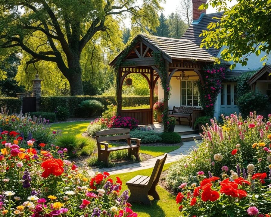 A lush, verdant English garden blooms with an abundance of vibrant flowers, lush foliage, and winding pathways. In the foreground, a quaint stone bench sits amidst a sea of colorful blooms, inviting one to pause and immerse in the tranquil serenity. The middle ground features a charming gazebo, its latticed structure draped in cascading vines and climbing roses. Dappled sunlight filters through the surrounding mature trees, casting a warm, golden glow across the scene. In the distance, a picturesque cottage with a thatched roof and whitewashed walls completes the quintessential English garden tableau. This serene, idyllic setting captures the essence of Lori Wick's beloved "English Garden Series", inspiring readers to step into the literary world she has so masterfully crafted.