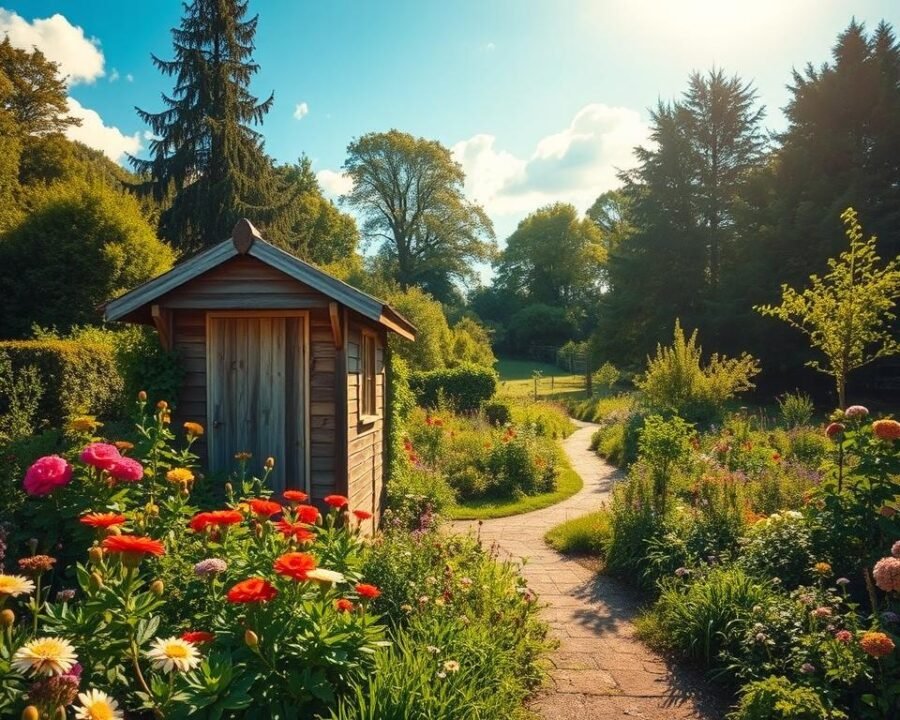 A lush, verdant English garden in full bloom, with vibrant flowers and lush foliage. In the foreground, a wooden garden shed with a classic gabled roof and weathered, rustic charm. The shed is positioned against a backdrop of towering trees and a cloudless, azure sky, bathed in warm, golden sunlight. In the middle ground, a winding path leads through the garden, inviting exploration. The overall scene exudes a sense of tranquility and natural beauty, capturing the essence of the "English Garden Series" book covers.