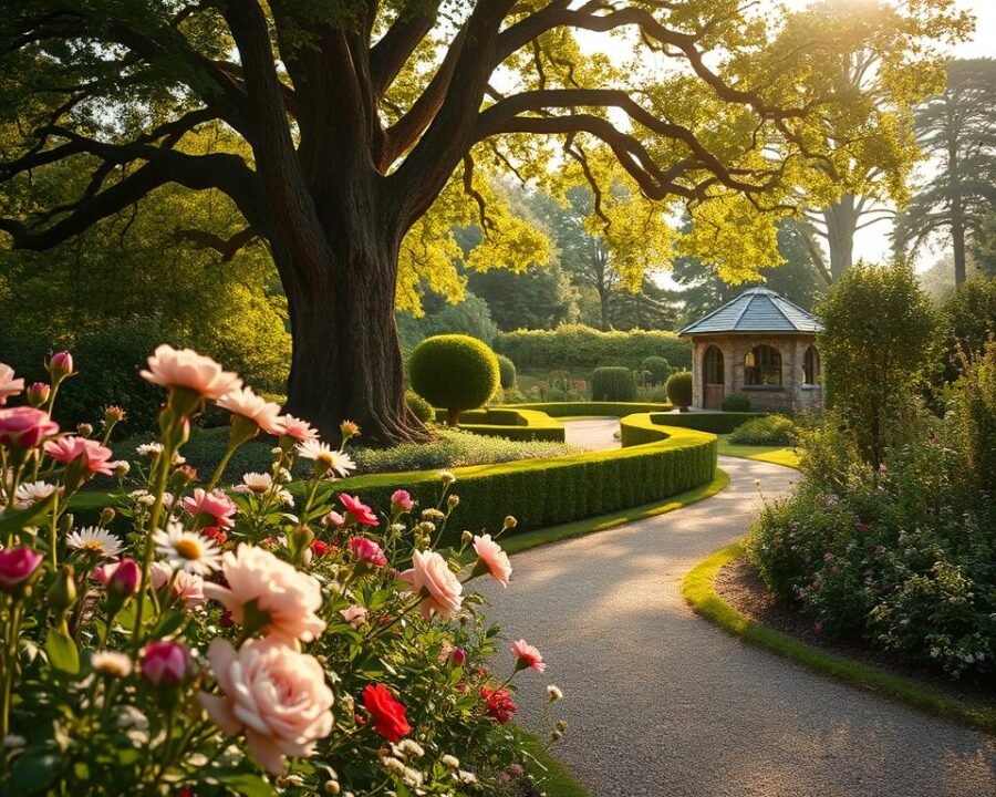 A lush, verdant English garden scene bathed in soft, golden afternoon light. In the foreground, a carefully tended flower bed bursts with vibrant blooms - roses, peonies, and delicate wildflowers swaying gently in a light breeze. The middle ground features a winding gravel path leading deeper into the garden, flanked by neatly trimmed hedges and towering, ancient oak trees casting dappled shadows. In the background, a charming stone gazebo or summerhouse sits nestled among the foliage, its weathered facade inviting exploration. The overall atmosphere is one of peaceful tranquility, a timeless sanctuary where the beauty of nature takes center stage.