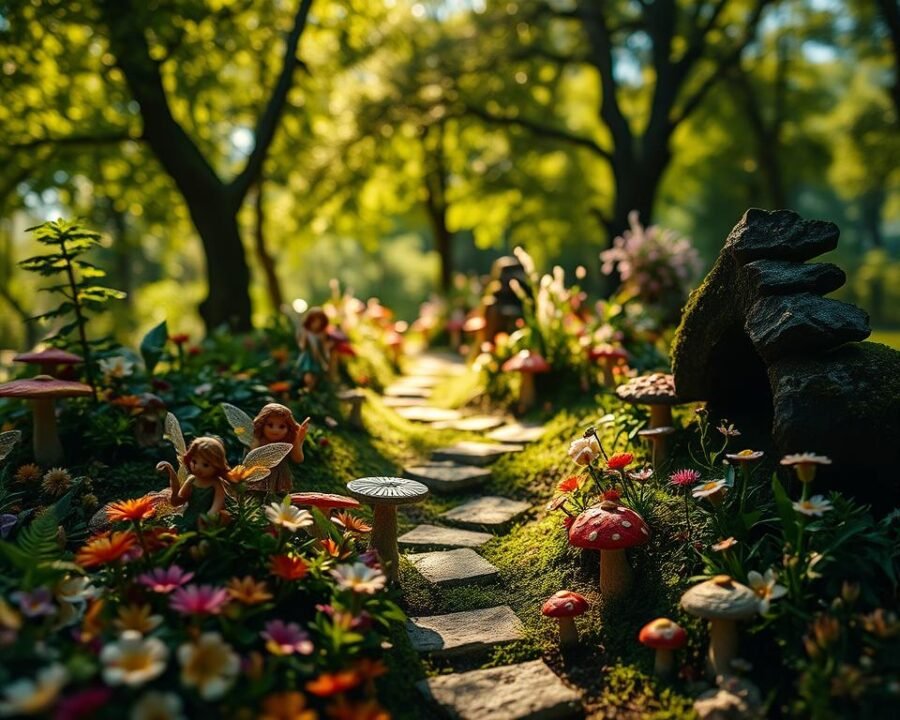A lush, verdant fairy garden in a dappled woodland setting. In the foreground, delicate fairy figurines tend to a vibrant flower bed of whimsical blooms and fanciful mushrooms. The middle ground features a miniature stone pathway winding through a magical glade, with twinkling fairy lights illuminating the scene. In the background, sun-dappled trees cast soft shadows, creating an enchanting, ethereal atmosphere. The lighting is warm and inviting, with gentle highlights and soft, diffused shadows. The camera angle is slightly elevated, giving a captivating, bird's-eye view of the enchanting fairy garden tableau.