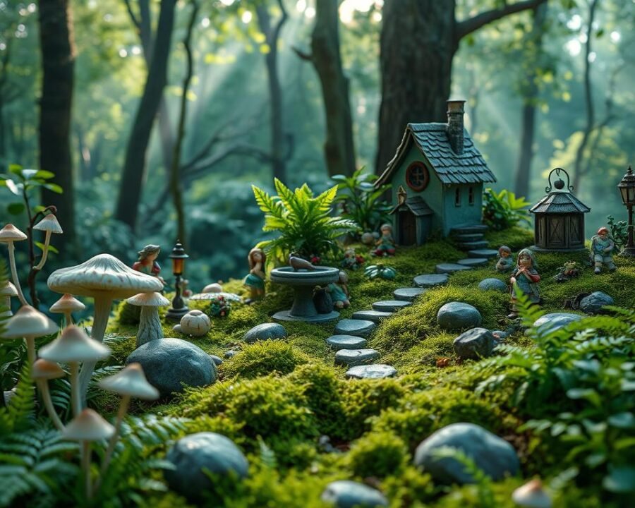 A lush, verdant fairy garden with an array of enchanting wholesale miniatures. In the foreground, delicate mushrooms, ferns, and mossy stones create a whimsical scene. The middle ground features a quaint fairy house and a birdbath surrounded by tiny figurines, lanterns, and a winding path. In the background, a tranquil forest backdrop with soft, dappled sunlight filters through the trees, evoking a sense of magical wonder. The composition is balanced and the lighting is natural, casting gentle shadows and highlights to accentuate the details. The overall mood is one of enchantment, inviting the viewer to step into this enchanting wholesale fairy garden oasis.