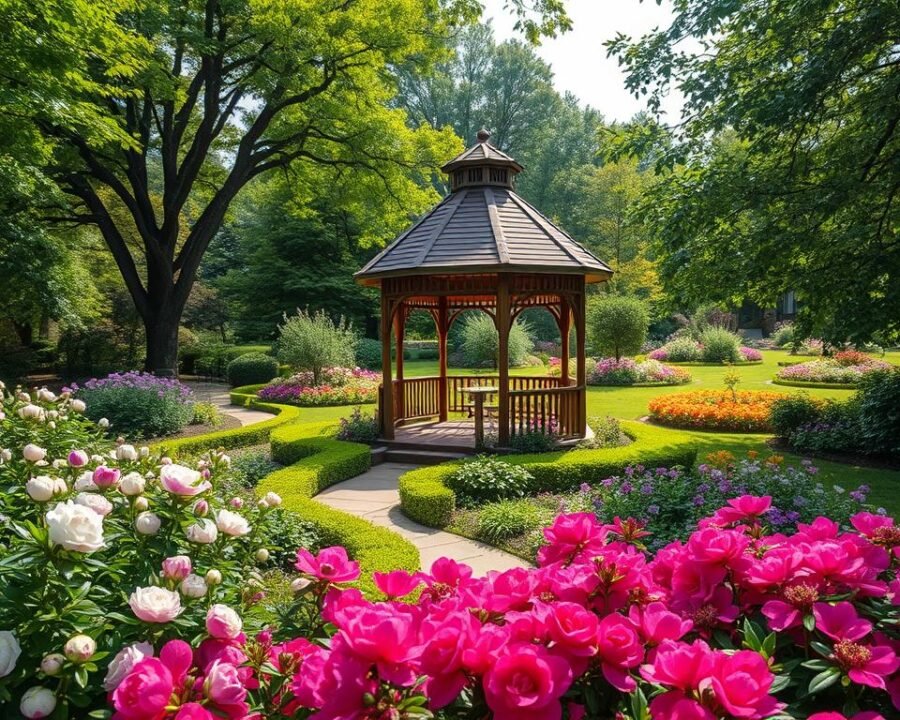 A lush, verdant garden bursting with vibrant flora, the Chapel Hill Garden Club stands as a serene oasis amidst the bustling town. Meticulously manicured pathways wind through a tapestry of blooming flowers, from delicate peonies to vibrant azaleas, all bathed in soft, diffused sunlight. In the foreground, a picturesque gazebo offers a tranquil respite, its intricate wooden structure complemented by the surrounding greenery. Beyond, mature trees cast dappled shadows, creating an atmosphere of peaceful contemplation. The middle ground showcases expertly curated garden beds, showcasing the club's dedication to horticultural excellence. This enchanting scene, captured through a wide-angle lens, invites the viewer to explore the harmonious union of nature and community that defines the Chapel Hill Garden Club.