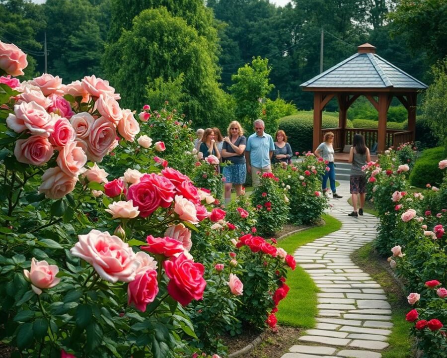 A lush, verdant garden filled with a community of Eugenie rose bushes in full bloom. Their delicate petals range from soft pink to deep crimson, cascading gracefully over trellises and garden beds. Soft, diffused natural light filters through the scene, creating a warm, inviting atmosphere. In the foreground, a group of enthusiasts admire the roses, studying their colors and textures with reverence. The middle ground showcases a meandering stone path that winds through the garden, inviting the viewer to explore. In the background, a picturesque wooden gazebo provides a shaded gathering space for the rose enthusiasts. The overall impression is one of tranquility, beauty, and a shared appreciation for the natural wonder of the Eugenie garden rose.